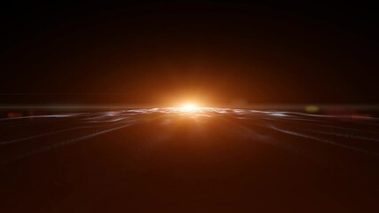 Wall Mural - futuristic travel above seascape waves at sunset with shining sun lens flare effect. loop copy space