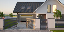 Automatic Gate, Fence, Driveway And Modern Single Family House With Garage. 3D Illustration 