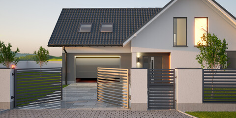 Wall Mural - Automatic gate, fence, driveway and modern single family house with garage. 3D illustration 