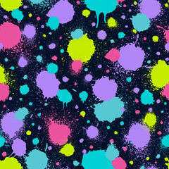 Poster - Paint splatter seamless pattern. Repeated abstract pattern. Background color splash. Grunge ink texture. Spray spatter blot. Repeating brush stroke wallpaper for design prints. Vector illustration