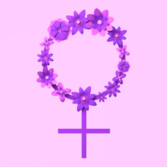 Wall Mural - Female symbol made from flowers. Isolated on pastel pink background. 3d illustration. Feminism. Female fight.