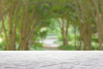 white textured surface on blur green alley of trees background