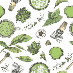 Wall Mural - Hand-drawn seamless pattern matcha tools drinks and leaves.