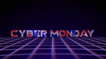 Poster - Synthwave wireframe net 80s with text CYBER MONDAY. Retro futurism background. 3d illustration render seamless loop. 4k