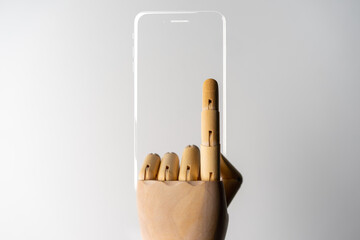 Wooden hand with number 1 posture point or touch with lighting frame of mobile phone on white background, isolate, Business and design concept.