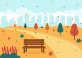 Fototapeta Dinusie - Autumn Background Landing Page Illustration Falling Leaves and Leaf Flying on the Grass. Landscape Trees With Yellow Foliage In Fall Season