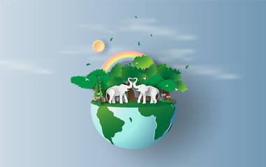 illustration of elephants in forest,creative origami design world environment and earth day. paper c