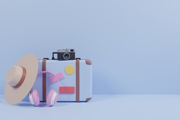 Traveling stuffs isolated on blue background. Luggage, camera, passport, headphone, beach hat in 3d rendering