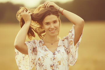 adult girl with two pigtails summer brunette, cheerful mood, funny