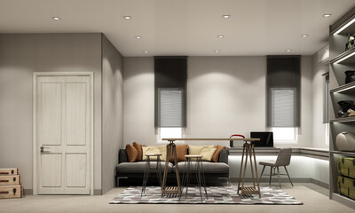 Poster - gray Modern classic interior design working room with classical element molding cornice a bit brown leather texture and black marble wall decoration and gray table and sofa 3d rendering