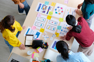 Wall Mural - brainstorm planing creative asian teamwork, group of asia mobile phone app developer team meeting fo