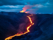 Glowing River Of Magma From Fagradalsfjall Volcanic Eruption At Geldingadalir, Iceland