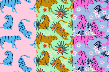 Set Vector seamless pattern with cute tigers with tropical leaves and exotic plants on a pastel background. Fashionable fabric design. Ideal for wallpapers, web page backgrounds, surface textures, tex