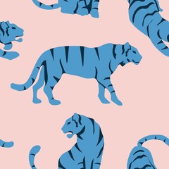 Vector seamless pattern with cute tigers on background. Circus animal show. Fashionable fabric design.