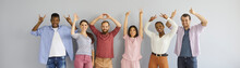 Casual Header Portrait Happy Diverse Multiracial Multiethnic People Standing On Grey Studio Background Show Different Non Verbal Body Language Hand Gestures Like OK, Thumbs Up Or Rock N Roll Horn Sign