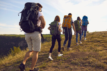 Wall Mural - group of young hiking friends with large backpacks on their shoulders climbs to the top of the mount