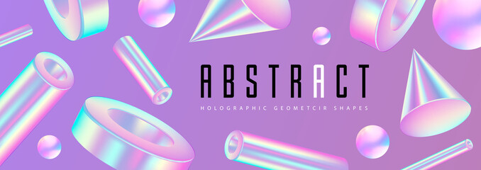Abstract background with 3D holographic geometric shapes. Modern design. Vector illustration