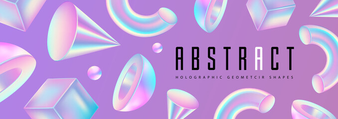 Abstract background with 3D holographic geometric shapes. Modern design. Vector illustration