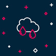Line Cloud with rain icon isolated on blue background. Rain cloud precipitation with rain drops. Colorful outline concept. Vector