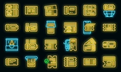 Poster - Bus ticketing icons set. Outline set of bus ticketing vector icons neon color on black