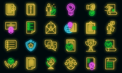 Poster - Attestation service icons set. Outline set of attestation service vector icons neon color on black
