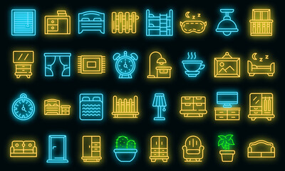 Poster - Bedroom icons set. Outline set of bedroom vector icons neon color on black