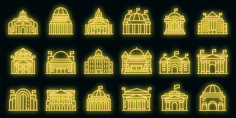 Canvas Print - Parliament icons set. Outline set of parliament vector icons neon color on black