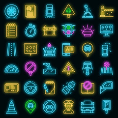Poster - Driving school icons set. Outline set of driving school vector icons neon color on black