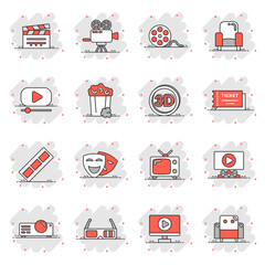 Wall Mural - Cinema line icons in comic style. Entertainment set cartoon vector illustration on white isolated background. Movie media splash effect business concept.