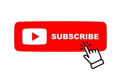 Poster - subscribe button with hand click icon. click button. social media sign. red play icon isolated on tr