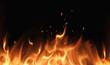 Fire flames and sparks with horizontal repetition on black background. Flame with fiery sparks. Fire flames Burning red hot sparks realistic abstract background. Vector illustration EPS10