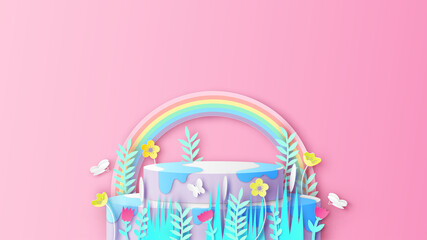 Spring circle stage podium scene decorated with flower, leaves, grass and butterfly flying. Spring stage podium. Paper cut and craft style. vector, illustration.