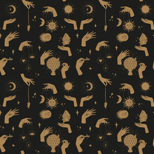 Seamless Pattern With Hand Drawn Doodle Line Art Female Witch Hands Holding Sun And Moon. Spiritual Mystic Repeat Texture. On Black Background.