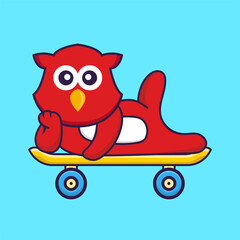 Cute bird lying on a skateboard. Animal cartoon concept isolated. Can used for t-shirt, greeting card, invitation card or mascot. Flat Cartoon Style