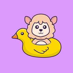 Cute sheep With Duck buoy. Animal cartoon concept isolated. Can used for t-shirt, greeting card, invitation card or mascot. Flat Cartoon Style