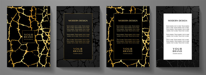 Wall Mural - Modern black and gold cover, frame design set. Premium abstract line pattern with crack texture (grunge background). Luxury vector for catalog, brochure template, restaurant or cafe menu, luxe booklet