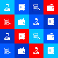 Poster - Set Man with a headset, Safe, Document search and Wallet icon. Vector