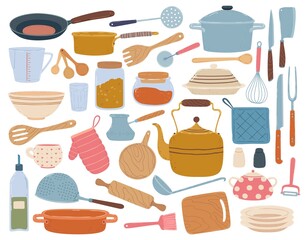 Wall Mural - Kitchen tools. Spatula, spoon, pan, knife, bowl, dishes. Flat cartoon kitchenware, cookware, cooking and baking equipment vector set. Culinary accessories and appliances for food cook