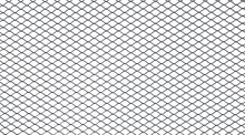 Background Of Black Metal Netting Mesh. Metal Links Wire Mesh Rabitz Isolated On White Background. Old Rusty Cellular Metallic Fence In Outdoor Close Up. Black And White.