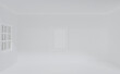 © FKVT - Interior space with wall photo frame hanging, Minimal white wall, floor, ceiling 3d rendering illustration.