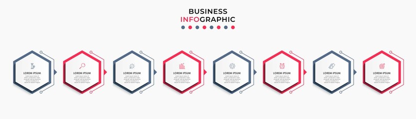 Vector Infographic design business template with icons and 8 options or steps. Can be used for process diagram, presentations, workflow layout, banner, flow chart, info graph