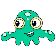 Green Jellyfish Shaped Alien Smiling Friendly, Doodle Icon Drawing