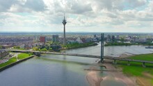 Dusseldorf: Aerial View Of City In Germany, Skyline With Bridge Over River Rhine - Landscape Panorama Of Europe From Above
