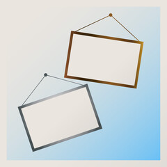 Photo frames hanging on blue gradient background. Set of 2 empty frames