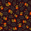 Autumn and Fall woodland stylized pattern design in warm colours. Cute vector seamless repeat illustration of foliage, berries and autumn twigs