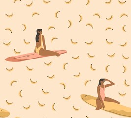 Sticker - Hand drawn vector abstract stock graphic summer cartoon,minimalistic contemporary style illustrations seamless pattern with boho girl surfing and relaxing on the beach,isolated on white background.