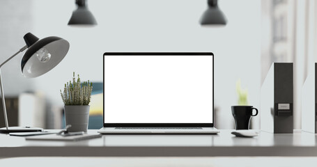 Poster - Laptop with the blank screen on the office table. Loft style