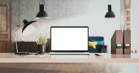 Poster - Laptop with the blank screen on the office table. Loft style