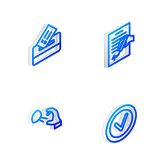 Sticker - Set Isometric line Petition, Vote box, Hooligan shooting stones and Check mark round icon. Vector