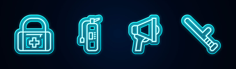 Sticker - Set line First aid kit, Fire extinguisher, Megaphone and Police rubber baton. Glowing neon icon. Vector